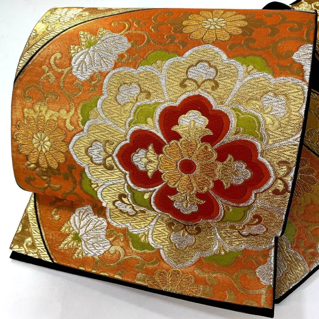 Thumbnail of Japanese: 16483o Fukuro Obi (belt for formal kimono) - Roppon-tsu (six sections with repeating pattern) - Gold thread embroidery - Classic floral pattern - Silk - Recycled - Kimono