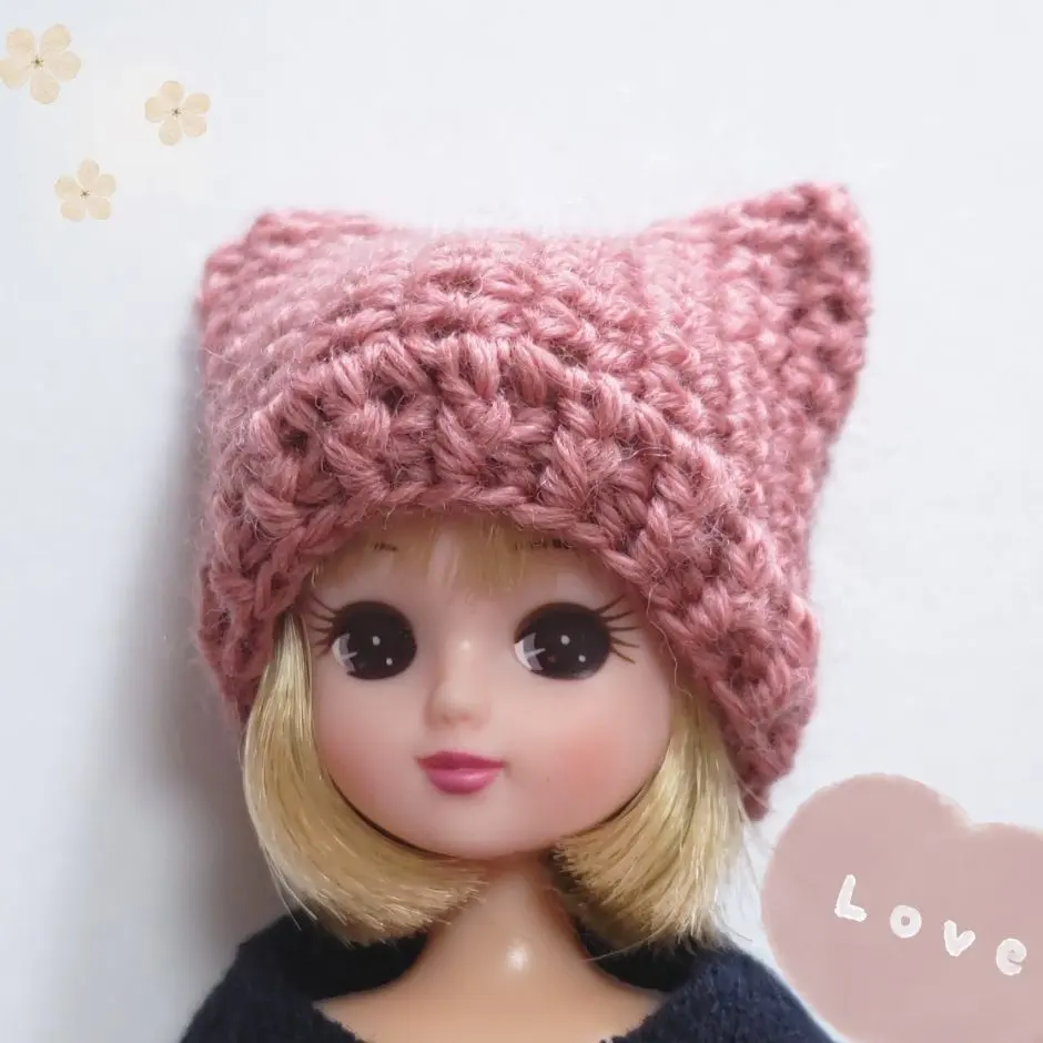 Thumbnail of Licca-chan Hand-knitted Autumn/Winter Cat Ear Knit Hat, Antique Pink