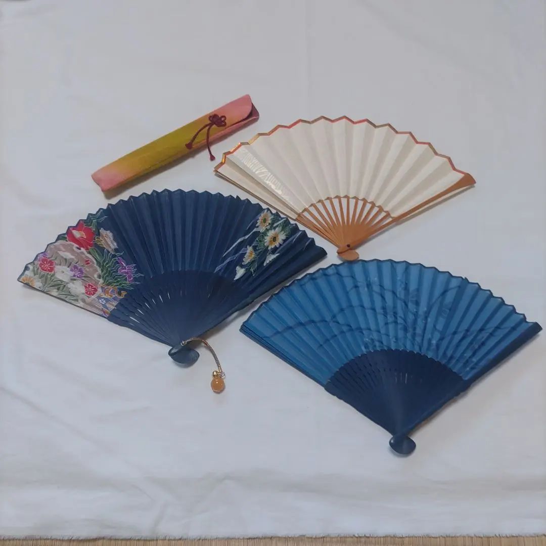 Thumbnail of Japanese-style folding fans, set of 3: Indigo floral pattern & plain