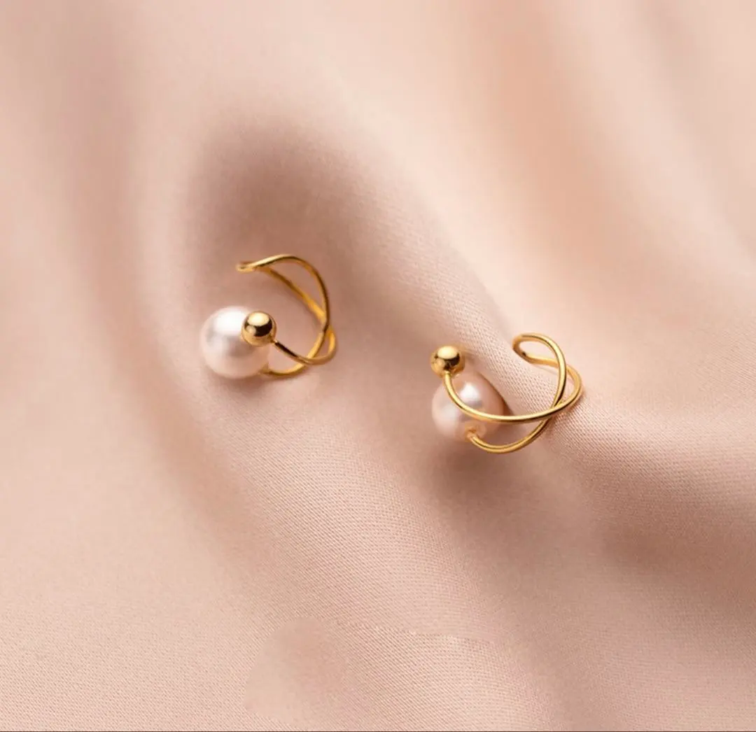 Thumbnail of Ear cuff pearl earrings gold set of two for both ears free size Korea