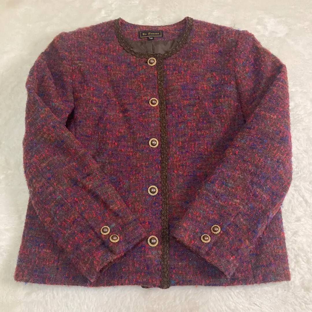 Thumbnail of No collar jacket, reddish-purple, tweed jacket, retro, Showa era, outerwear, size M equivalent