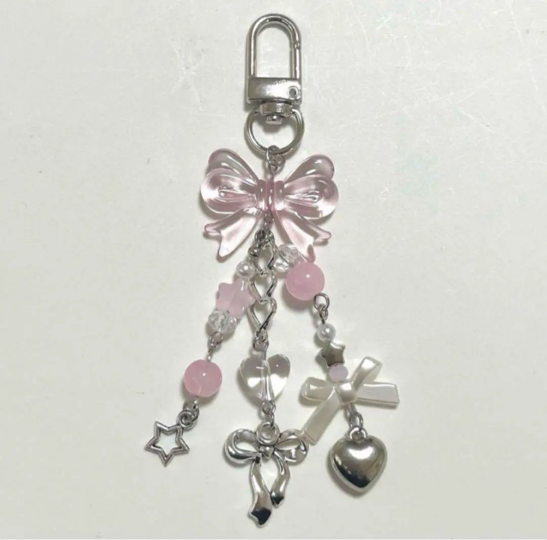 Thumbnail of Beaded Keyring Charm Ribbon Heart Pink Korean
