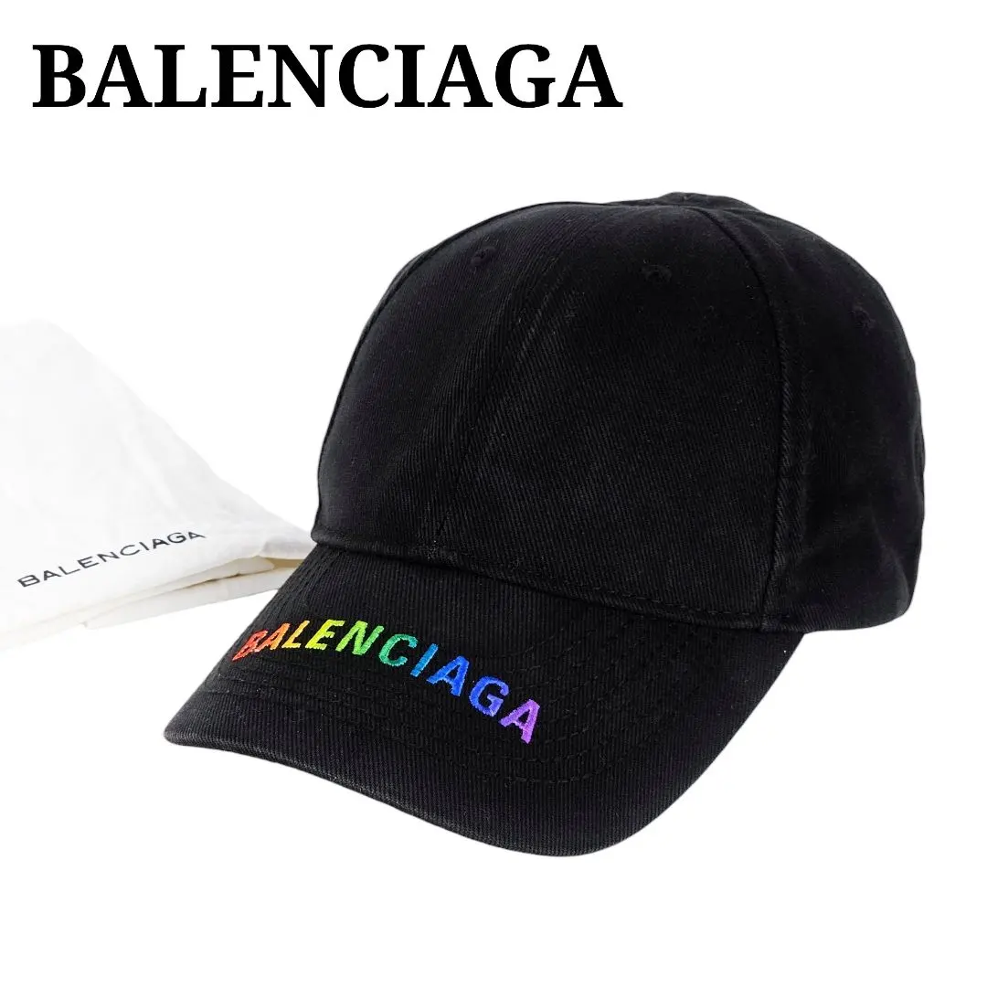 BALENCIAGA ブラックキャップ カラフルロゴ刺繍 未使用品☆ BALENCIAGA ブラック キャップ カラフル刺繍