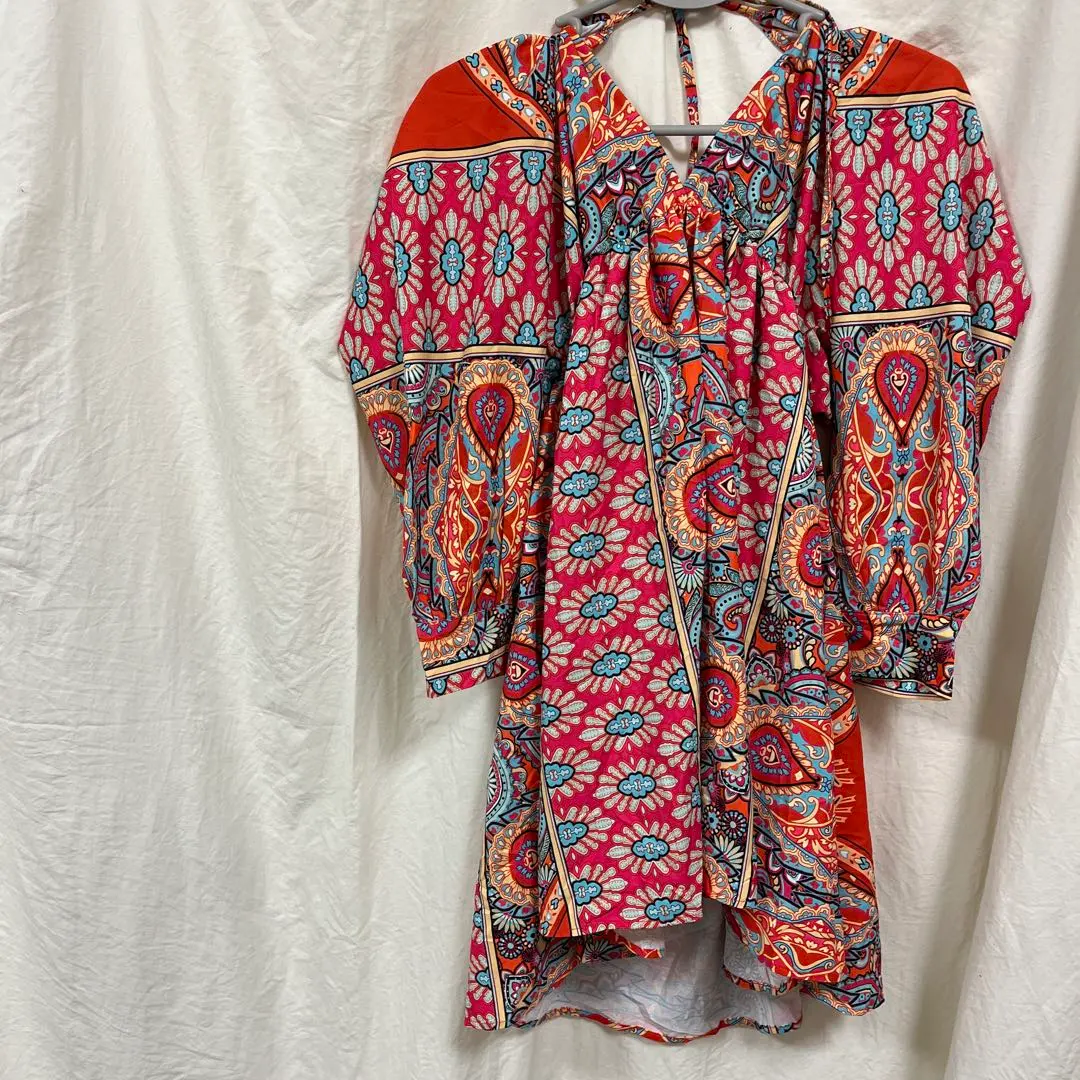 Thumbnail of Bohemian print long-sleeved tunic, orange color. Cute with an open back ♡