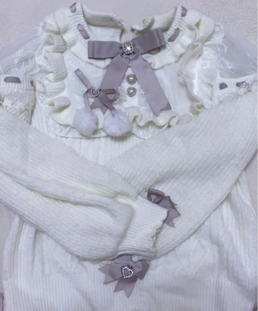本日限定価格】LIZLISA ポンポンリボンレースヨークニット