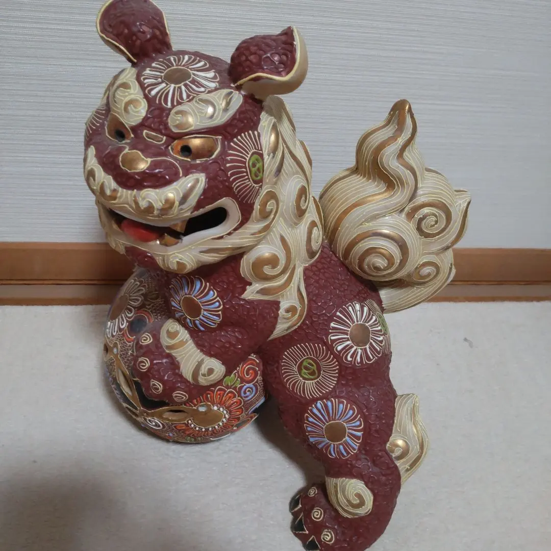 古董品 幡山窯 九谷燒 玉乗り唐獅 石獅 擺件 玉獅子 狛犬 縁起物 的縮圖
