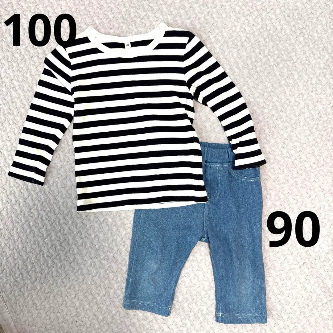 Thumbnail of Striped cut-and-sew top and denim pants set