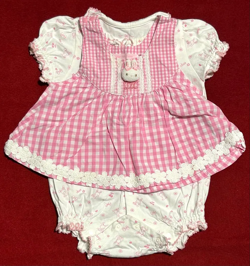 Thumbnail of Mezzo Piano Gingham Apron Romper with Rabbit Mascot (Pink)