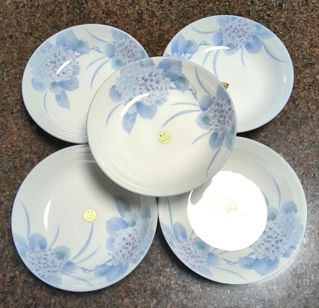 Thumbnail of Set of 5 Hydrangea Pattern Ceramic Plates, Mino Ware