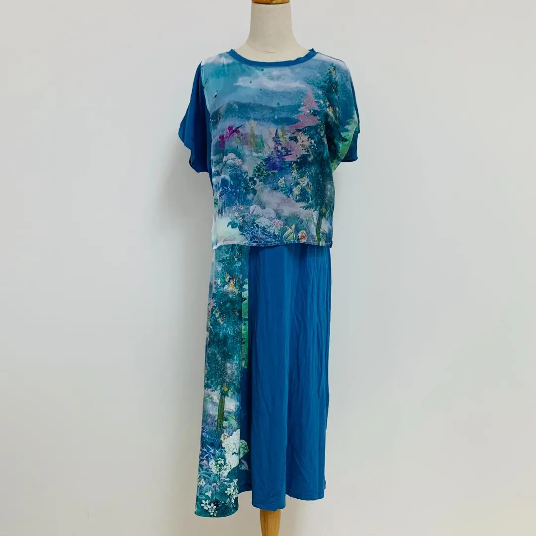 Thumbnail of [Anonymous Delivery] iS ScoLar Long One-Piece Short Sleeve Bird Forest Pattern Waist Tie M Size