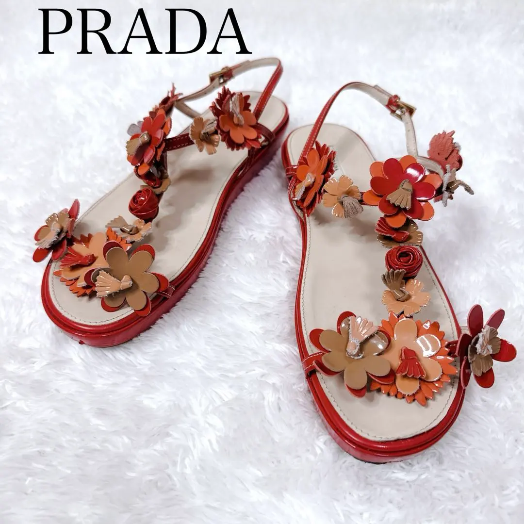 PRADA 普拉達 花飾涼鞋 紅棕色 37.5 的縮圖