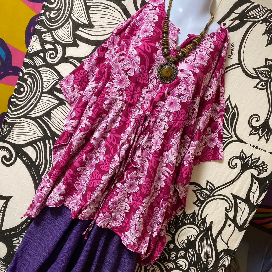 Thumbnail of 12-13 ❤️ Hibiscus Pattern Poncho Pullover Ethnic Asian