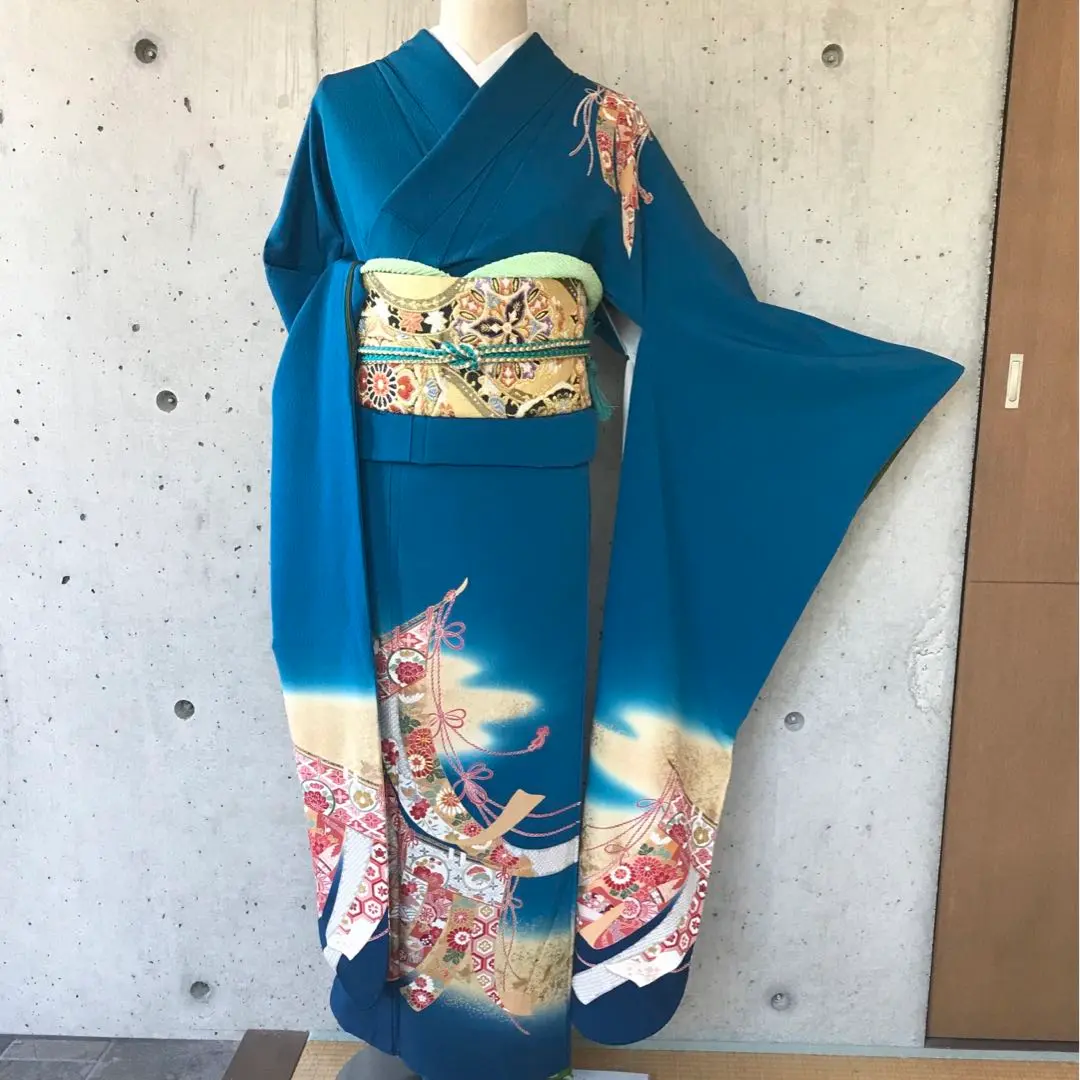 裄74】大きめサイズ正絹振袖銀通し桜雪輪に金箔