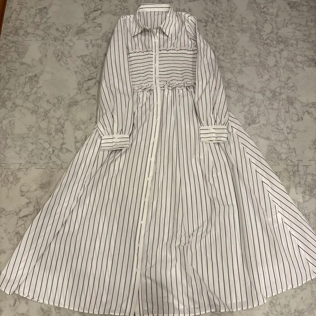 Thumbnail of White Stripe Shirred Shirt Dress