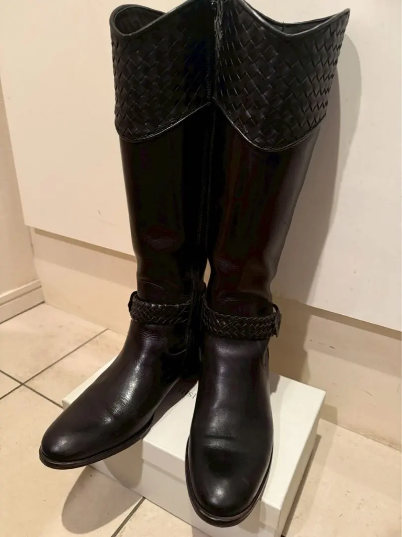 25公分 義大利製 編織設計 皮革 長靴 的縮圖