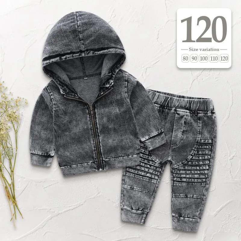 120黑色〔牛仔套裝〕長袖連帽衫長褲 男孩女孩舞蹈服裝兒童 的縮圖