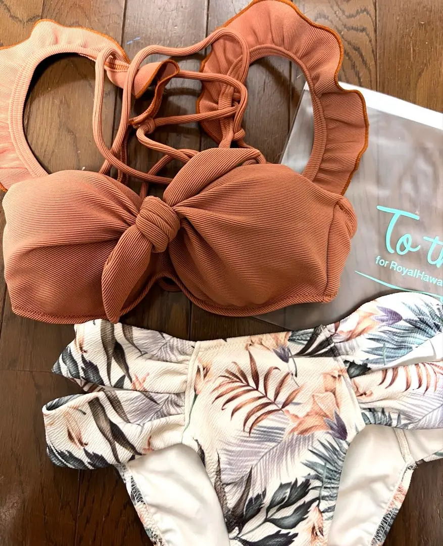 To the sea hawaii フリルレースアップ　マーブルブラウン　水着 To the sea hawaii フリルレースアップ マーブルブラウン 水着
