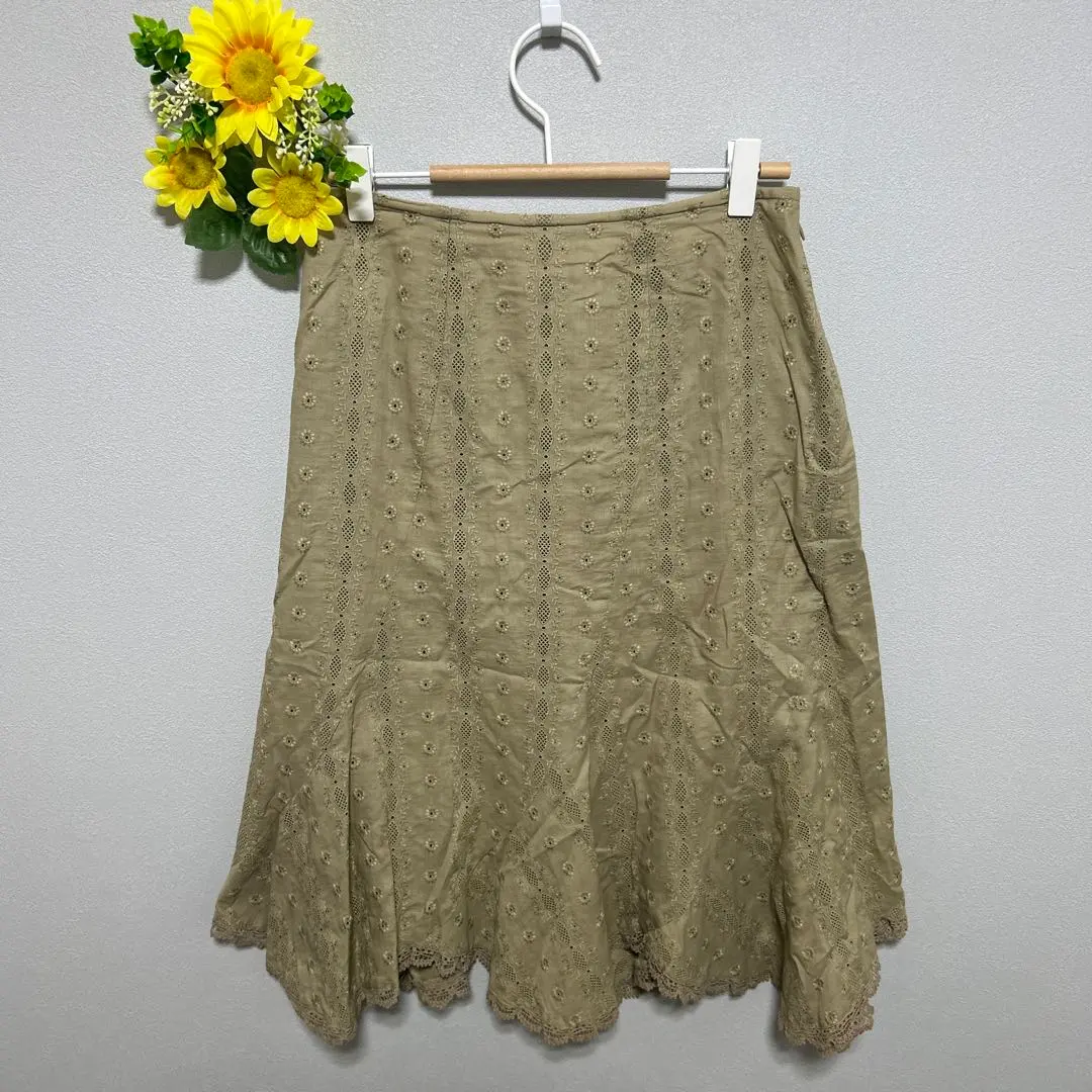 MICHEL KLEIN 喇叭裙 蕾絲 卡其色 花紋 刺繡 38 M 的縮圖