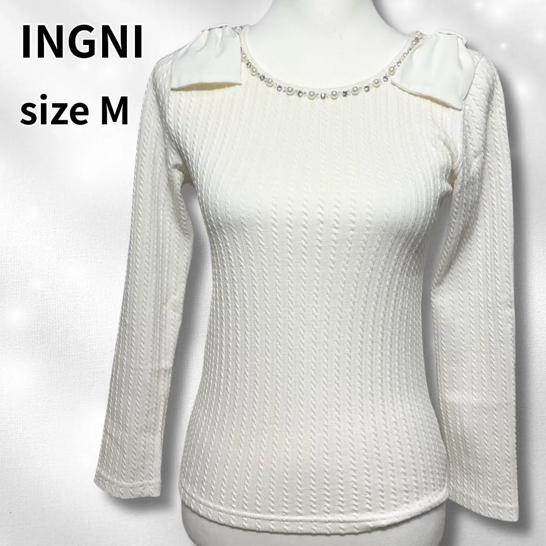 Thumbnail of INGNI Knit Top with Shoulder Ribbons and Pearl Jewels, Size M