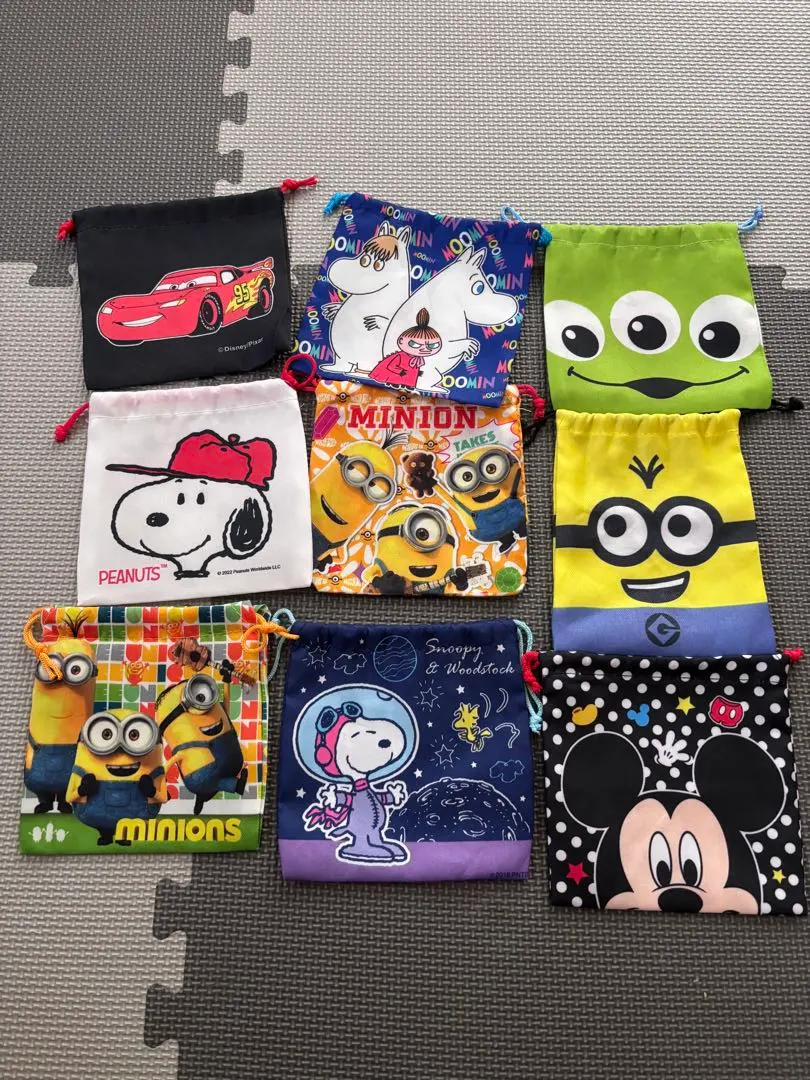 Thumbnail of Character drawstring pouch set, 9 pieces