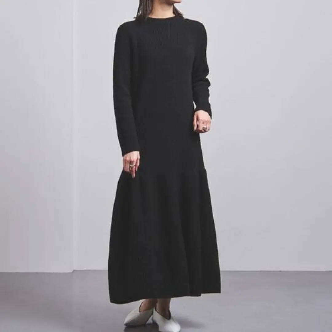 UNITED ARROWS 片畦編織 ティア裙針織連衣裙 羊毛100% 黑色 的縮圖