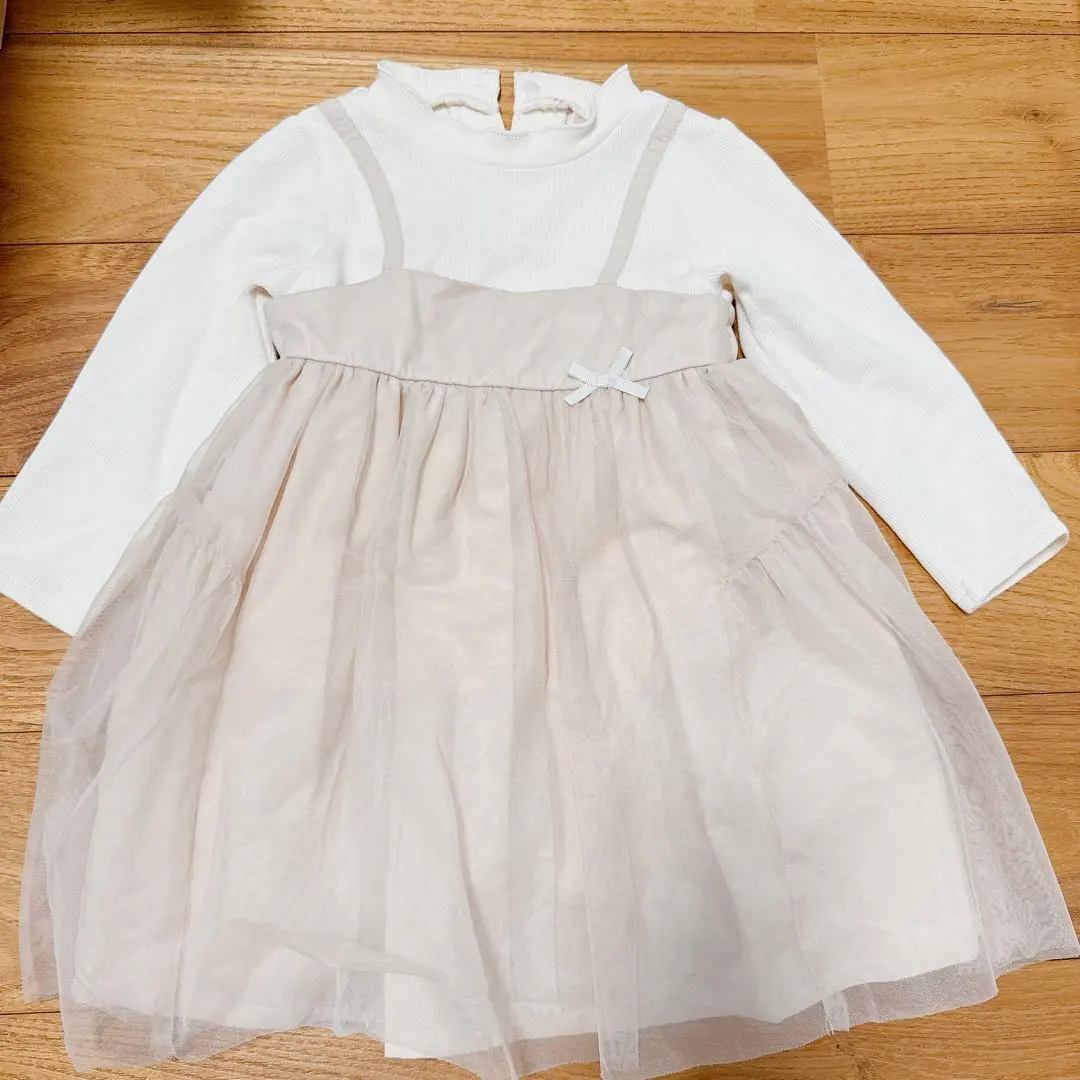 Thumbnail of Beige long-sleeved tulle dress with ribbon, size 90