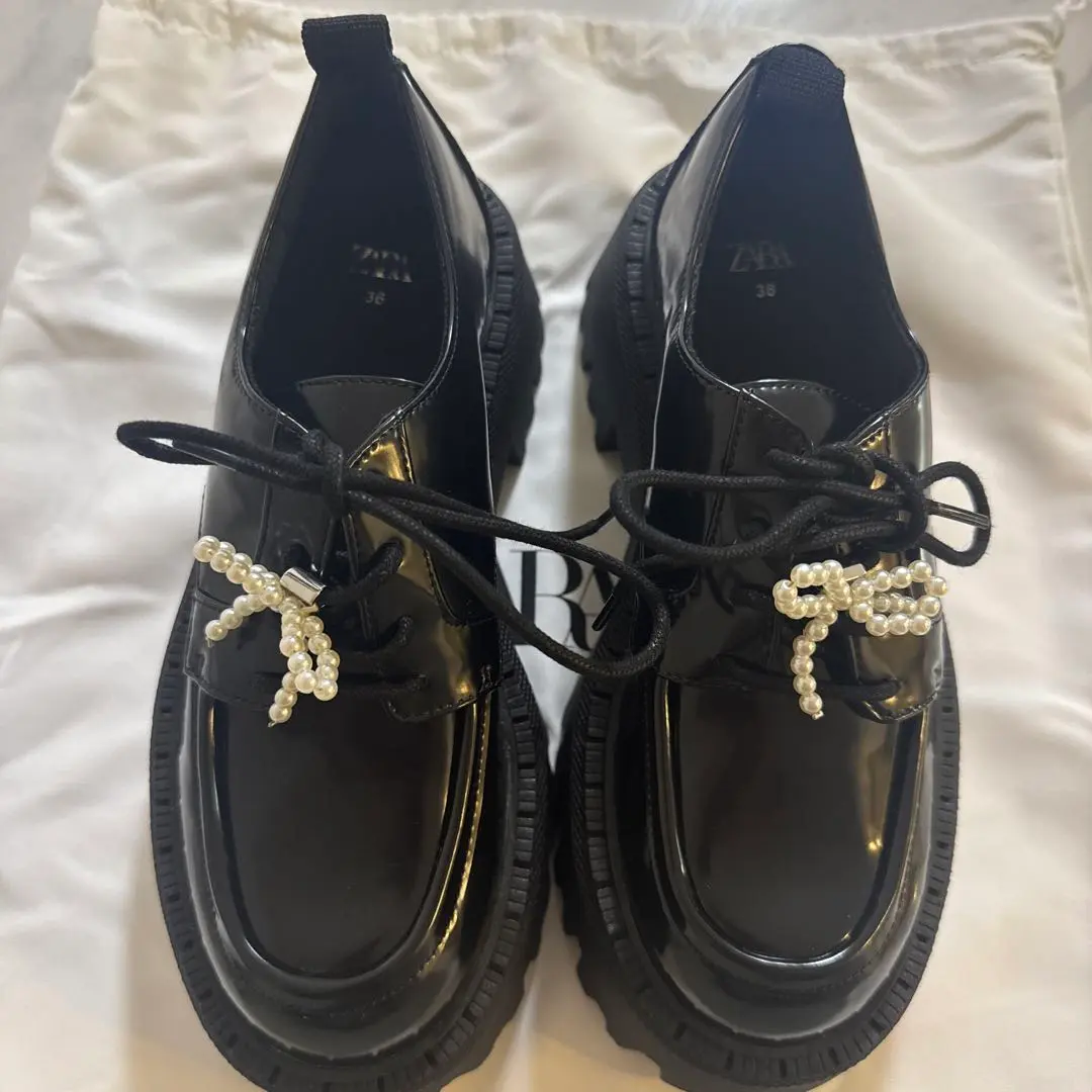 【ZARA】ザラ 38 ローファー　レースアップシューズ パール リボン 2025年最新】zara 靴 パール ローファーの人気アイテム - メルカリ