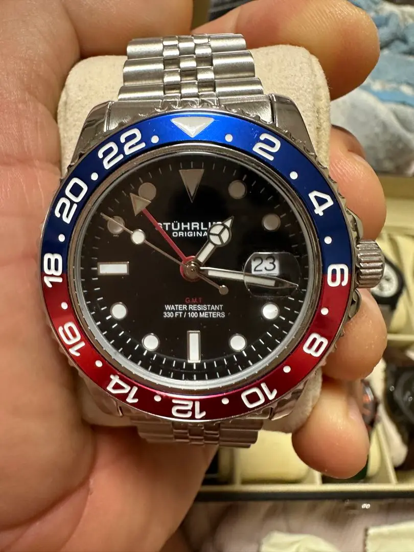 TECHNOS GMT 時計 黒/青/赤　ペプシ GMTマスターII ロレックス 時計 メンズ ペプシ 黒文字盤 自動巻