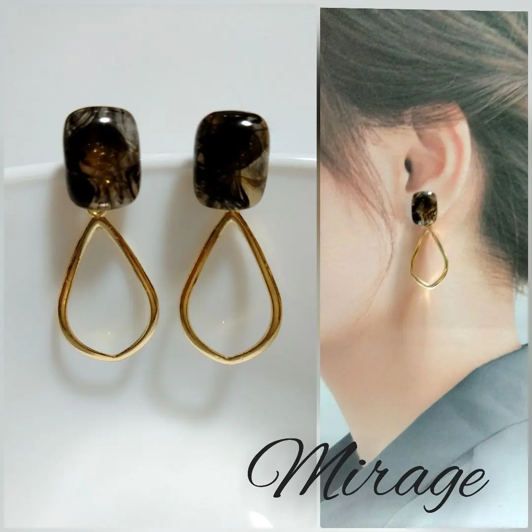 Thumbnail of [788] Square x Black Marble & Teardrop Hoop ★ Earrings