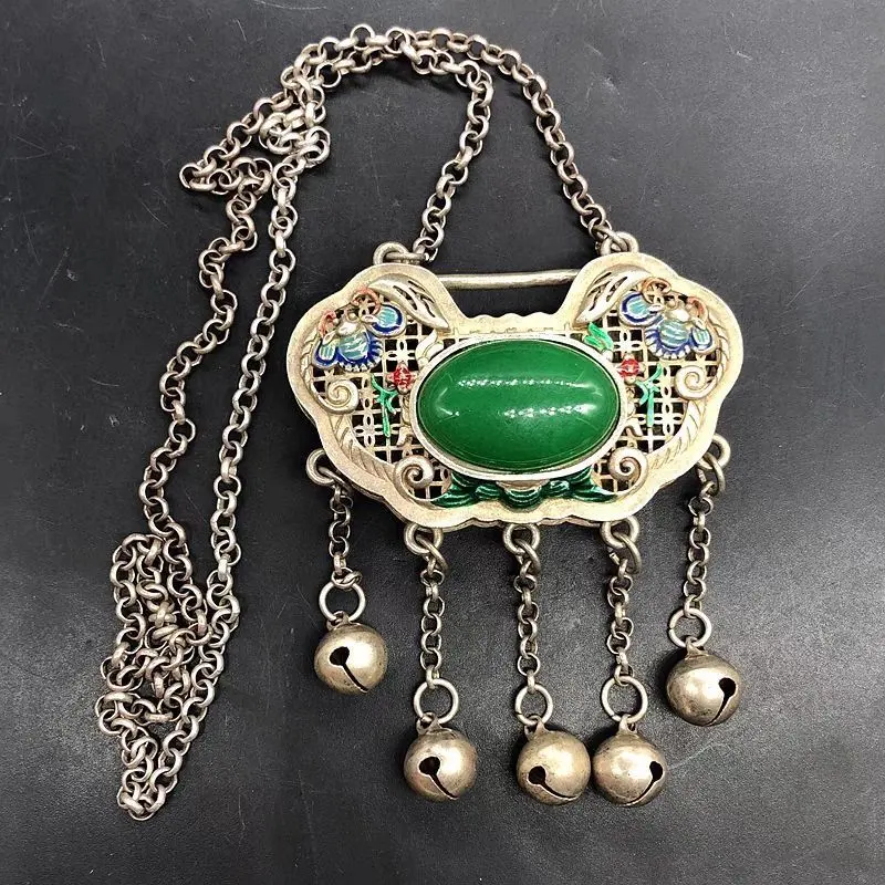 Thumbnail of Qing Dynasty Qianlong Period Cloisonné Auspicious Treasure Green Stone Peace Lock Copper Modern Craft Art