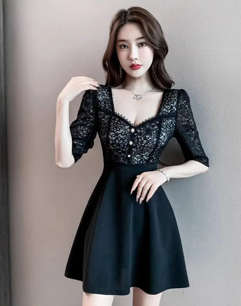 Thumbnail of Flower Lace Embroidery Cabaret Dress, Revealing Cleavage, Mini Length, Sexy A-line