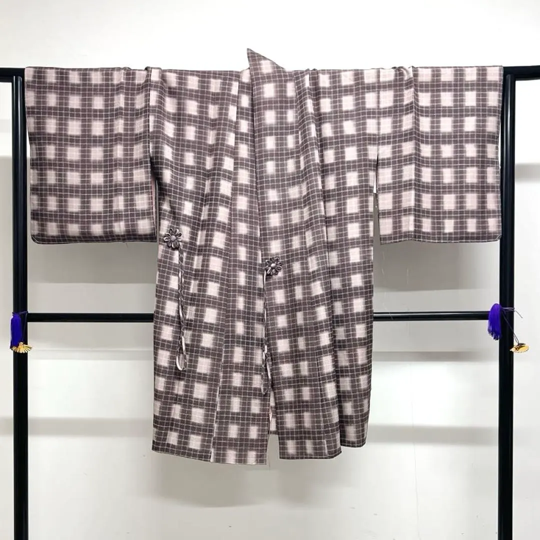 未著用 道中著 格子 暈染 縐綢 和服 023k 的縮圖