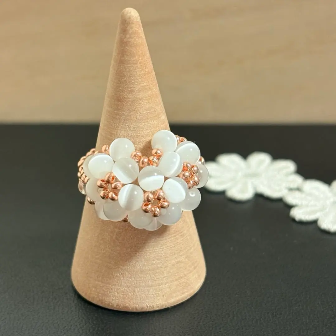 Thumbnail of White and Gold Three-Flower Cat's Eye Ring, Size 11-12, Beaded Ring