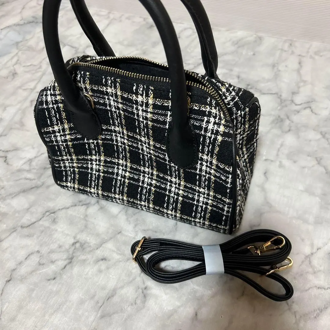 Thumbnail of Excellent Condition Check Tweed Handbag 2way Shoulder Bag jky2k Black White