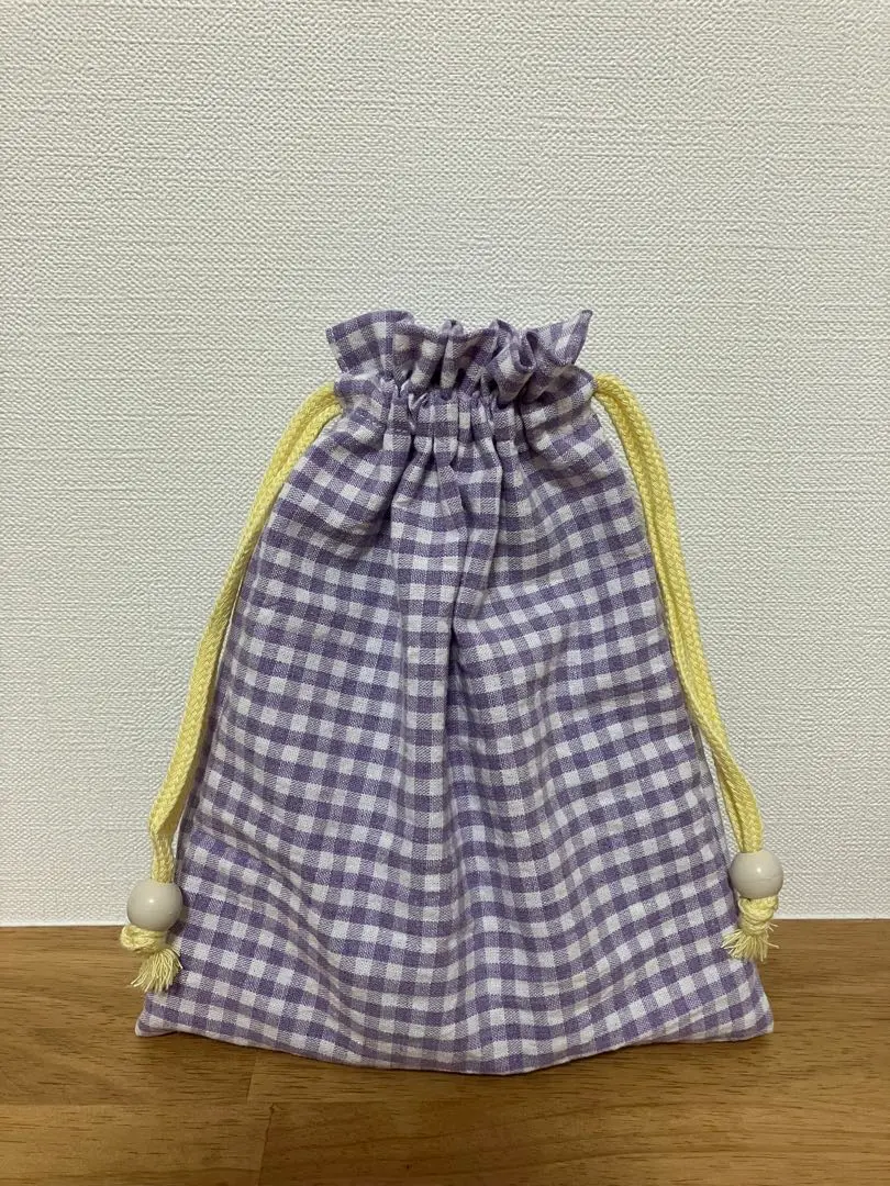 Thumbnail of Drawstring bag, cup bag, handmade, frilled opening, check, purple