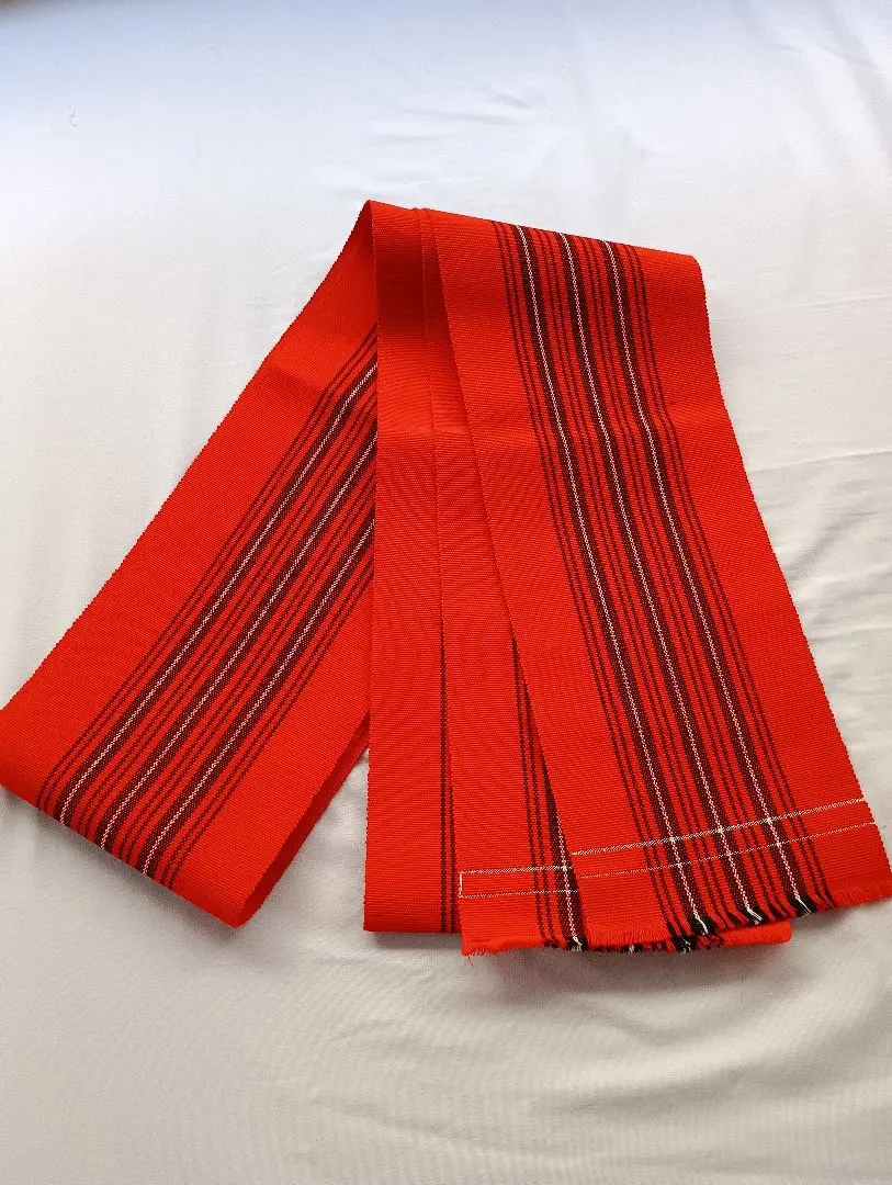 Thumbnail of Red striped hanhaba obi (half-width obi)