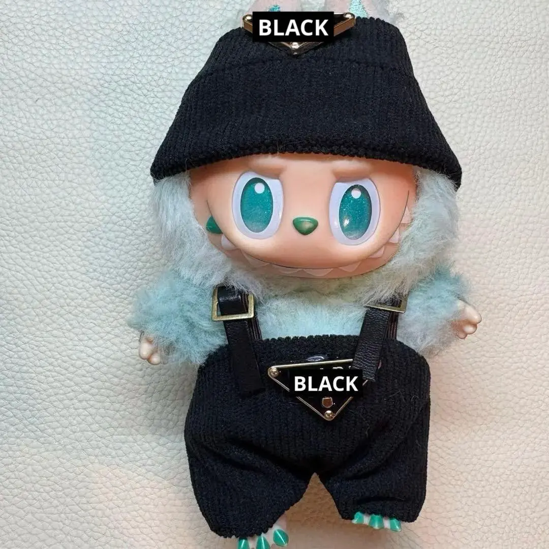 Labubu 冬季服 換裝服 黑色 吊帶褲 025 羅紋針織 毛線帽 皮革 的縮圖