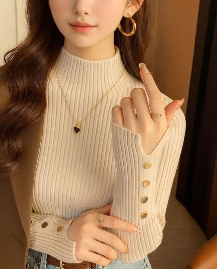 Thumbnail of DHOLIC Button Slit Sleeve Half Neck Rib Knit