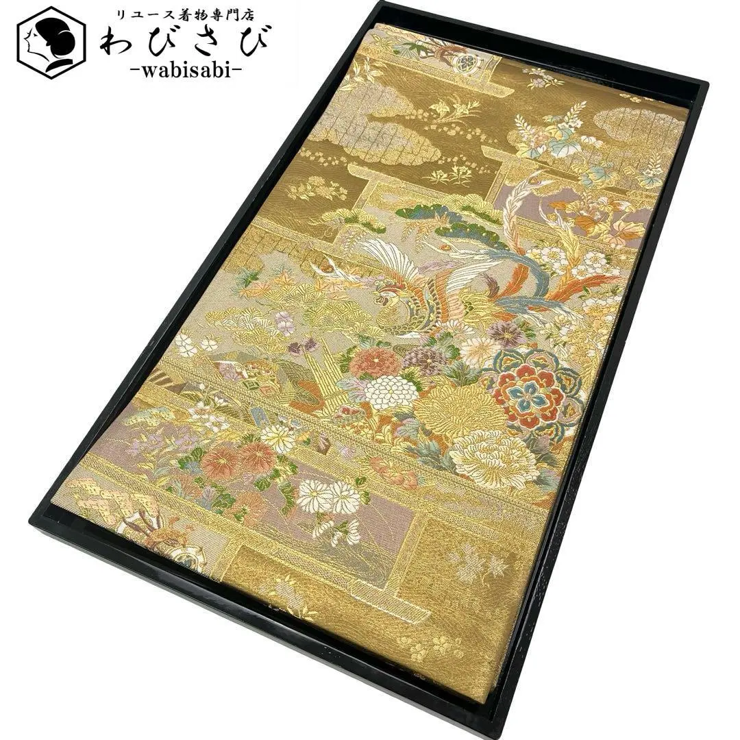 袋帶 秀煌錦織 美麗鳳凰 貝桶花紋 金絲 金色 O-4138 的縮圖