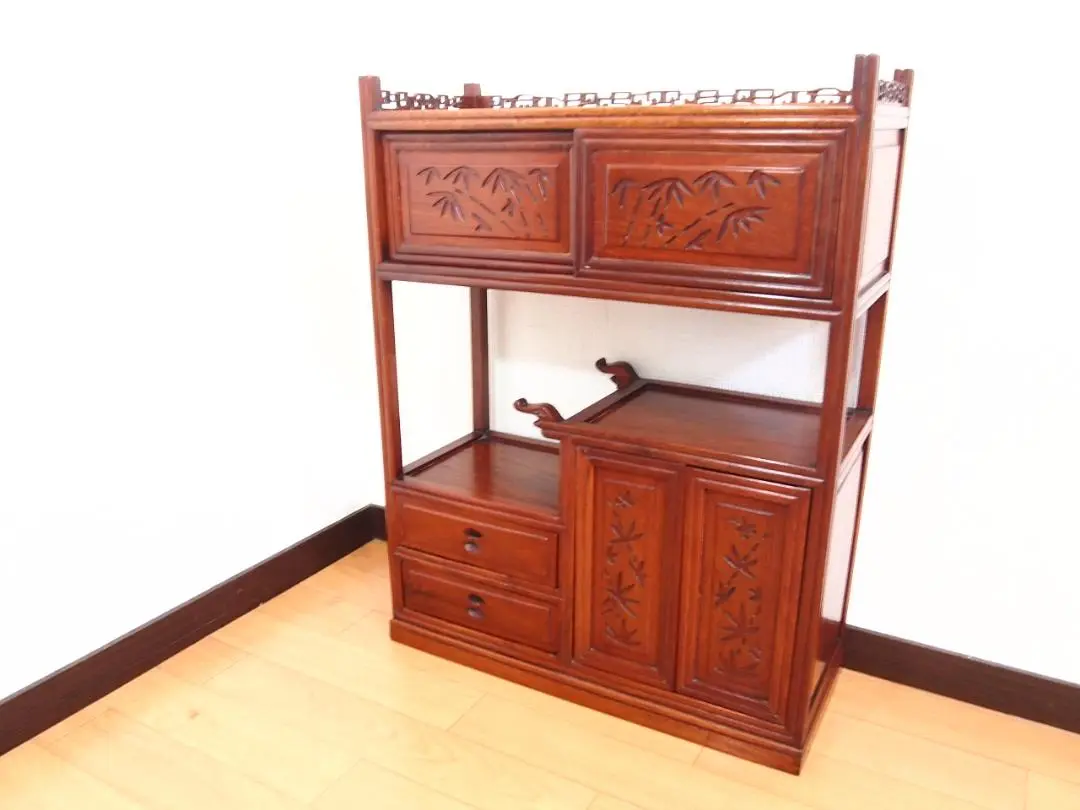 唐木家具 花梨 無垢 小型茶棚 /飾り棚/収納棚 笹文/透かし彫り 唐木 唐木家具 飾棚 花梨飾り棚 「無地 生地色 K型」 : 宮崎内山