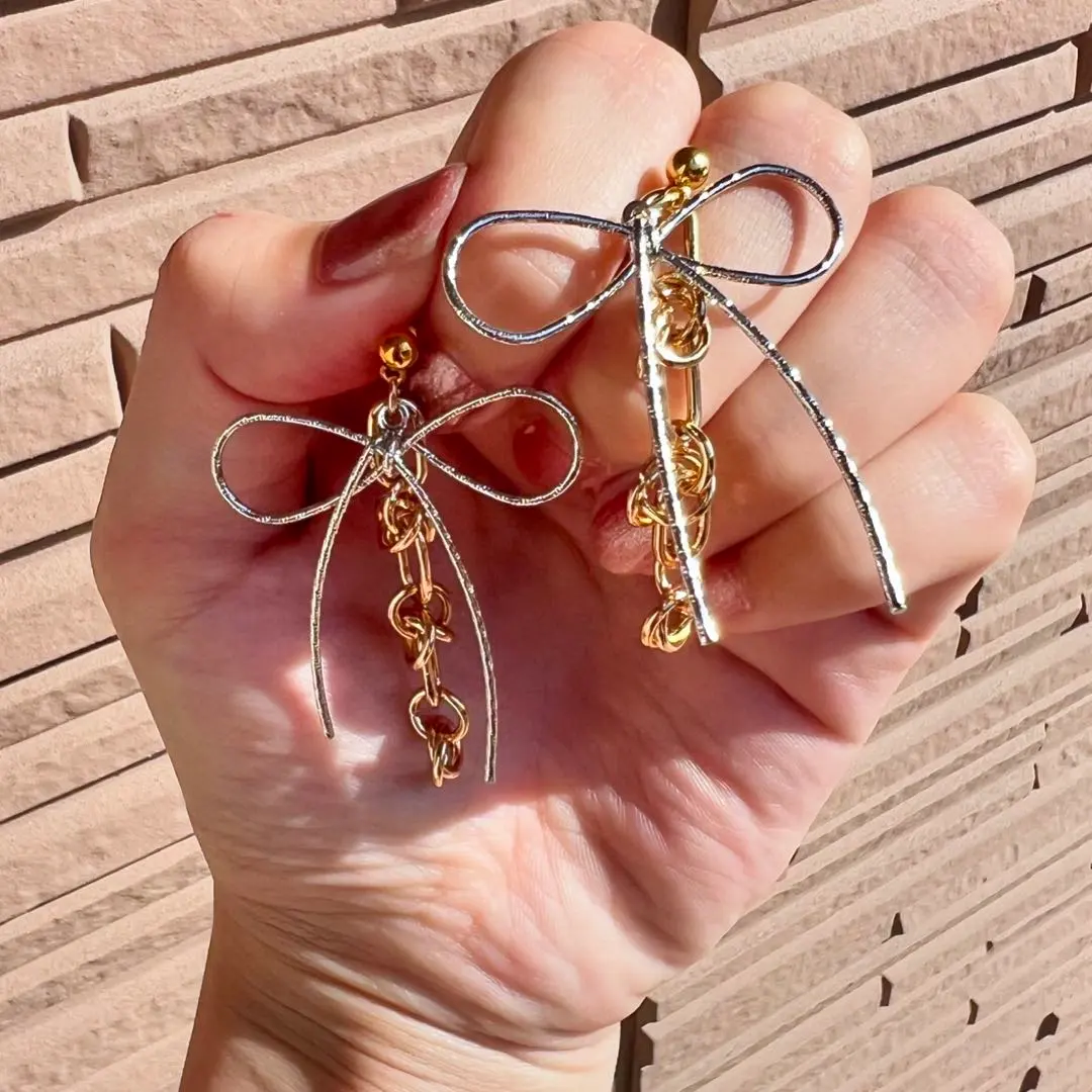 【手工製作】銀色緞帶金色鏈條耳環/耳夾 的縮圖