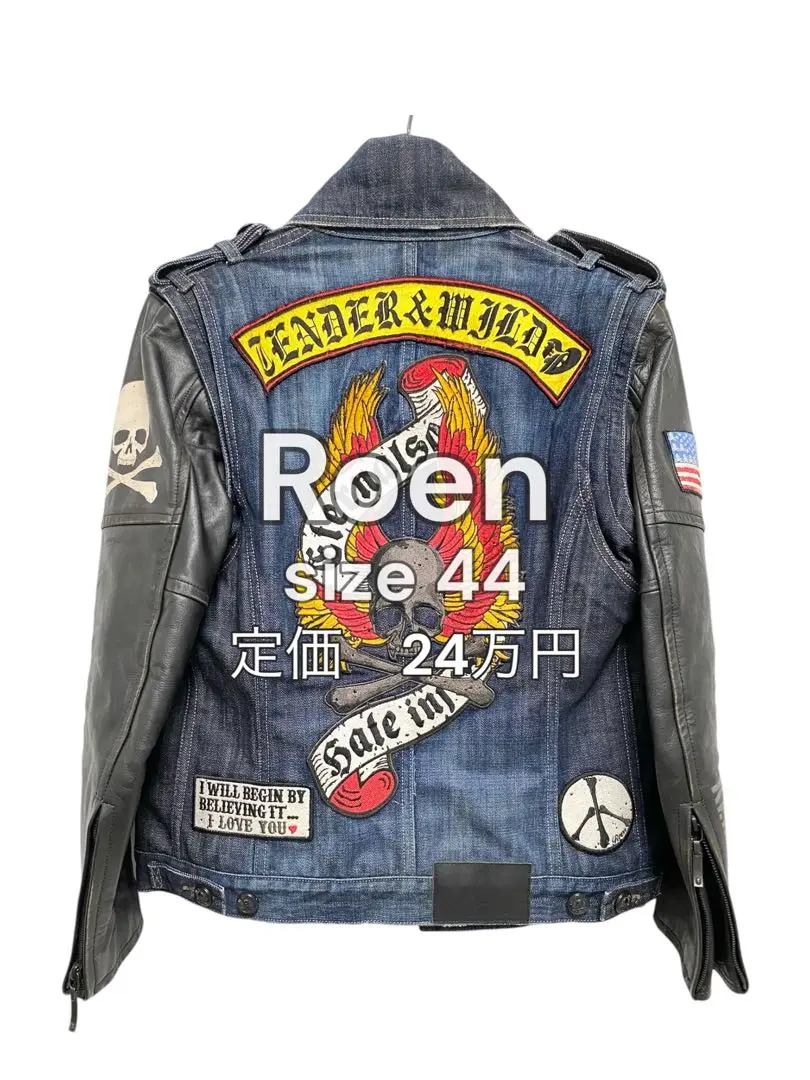 希少 レア Roen ミリタリー ジャケット スカル 牛革 アクセントレザー 本革ジャケット 本革ライダースジャケット ミガキ加工 ドクロ柄