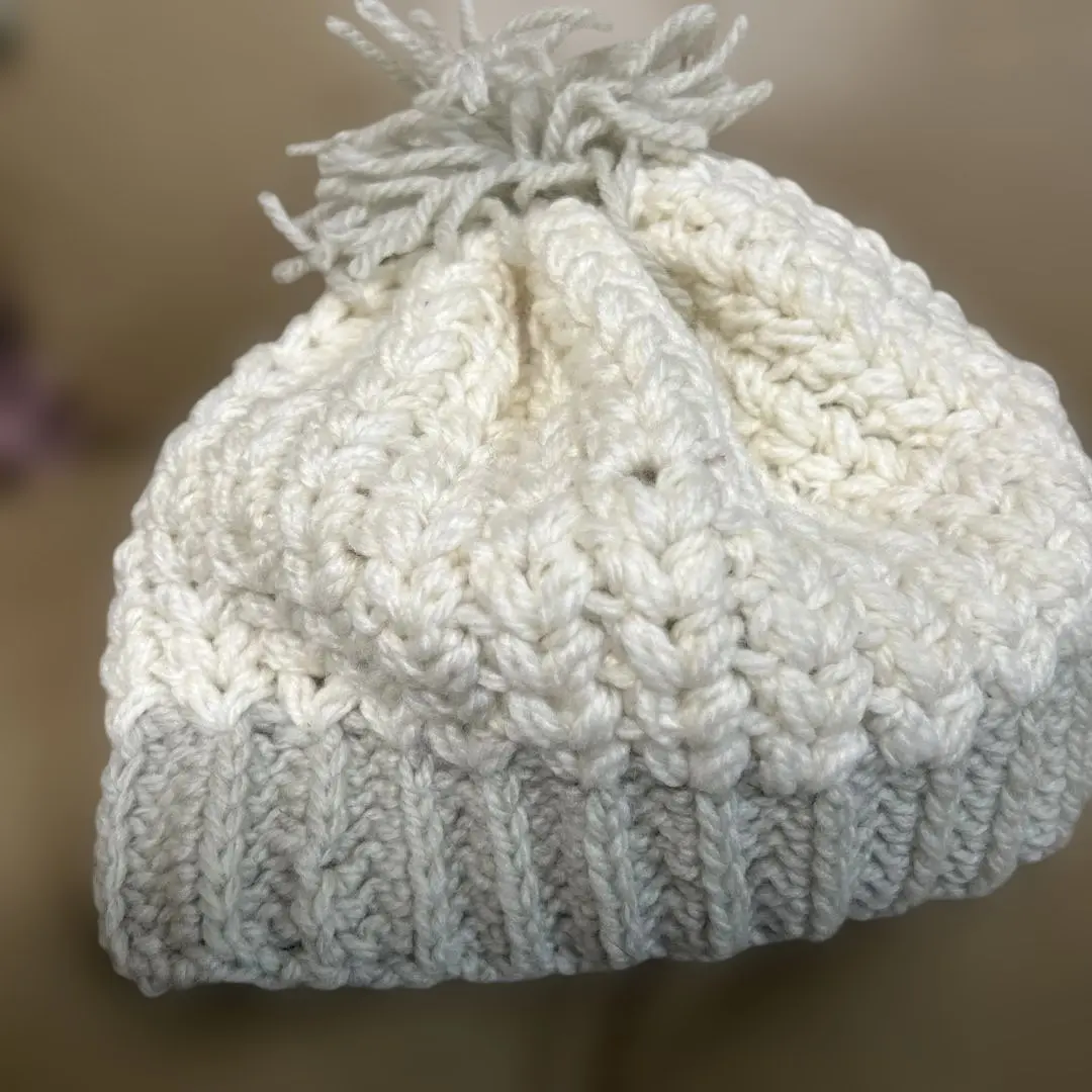 Thumbnail of White Gray Knit Cap with Pom-pom, Handmade