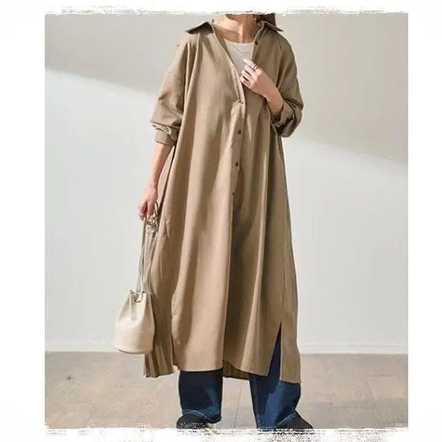 Thumbnail of Shirt dress, maxi length, long, back pleats, gathered back, beige, spring