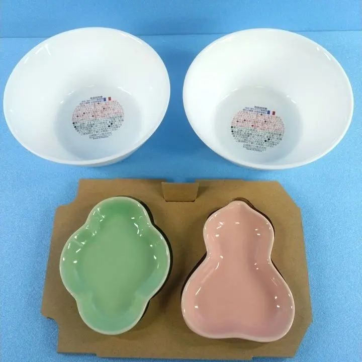 Thumbnail of Kin-Mugi's Seasons: Kin-Mugi Evening Drinks Set: "Bon Sala Glass" Colorful Evening Dish Set (2 small plates) & White Smart Bowls (2)