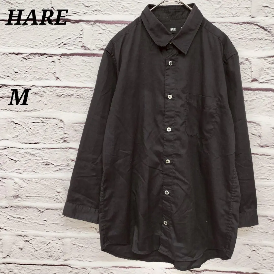 i204 哈雷【M】有領全鈕扣長袖襯衫 貼袋 棉混 黑 的縮圖
