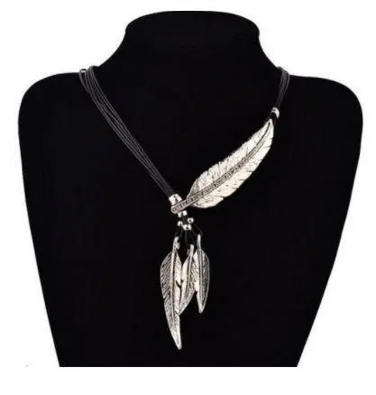 o43 全新 古董羽毛 項鍊 男女通用 銀色×黑色 226 的縮圖