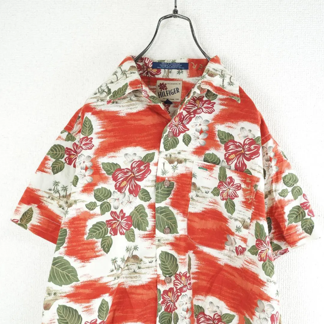 G9577*Tommy Hilfiger☆短袖☆夏威夷襯衫☆總花紋☆襯衫☆米色 紅色 的縮圖