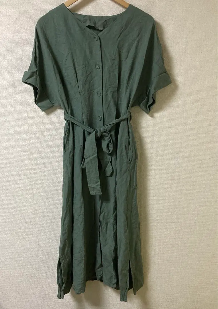 Thumbnail of KBF Olive Green Linen Shirt Dress, Short Sleeve