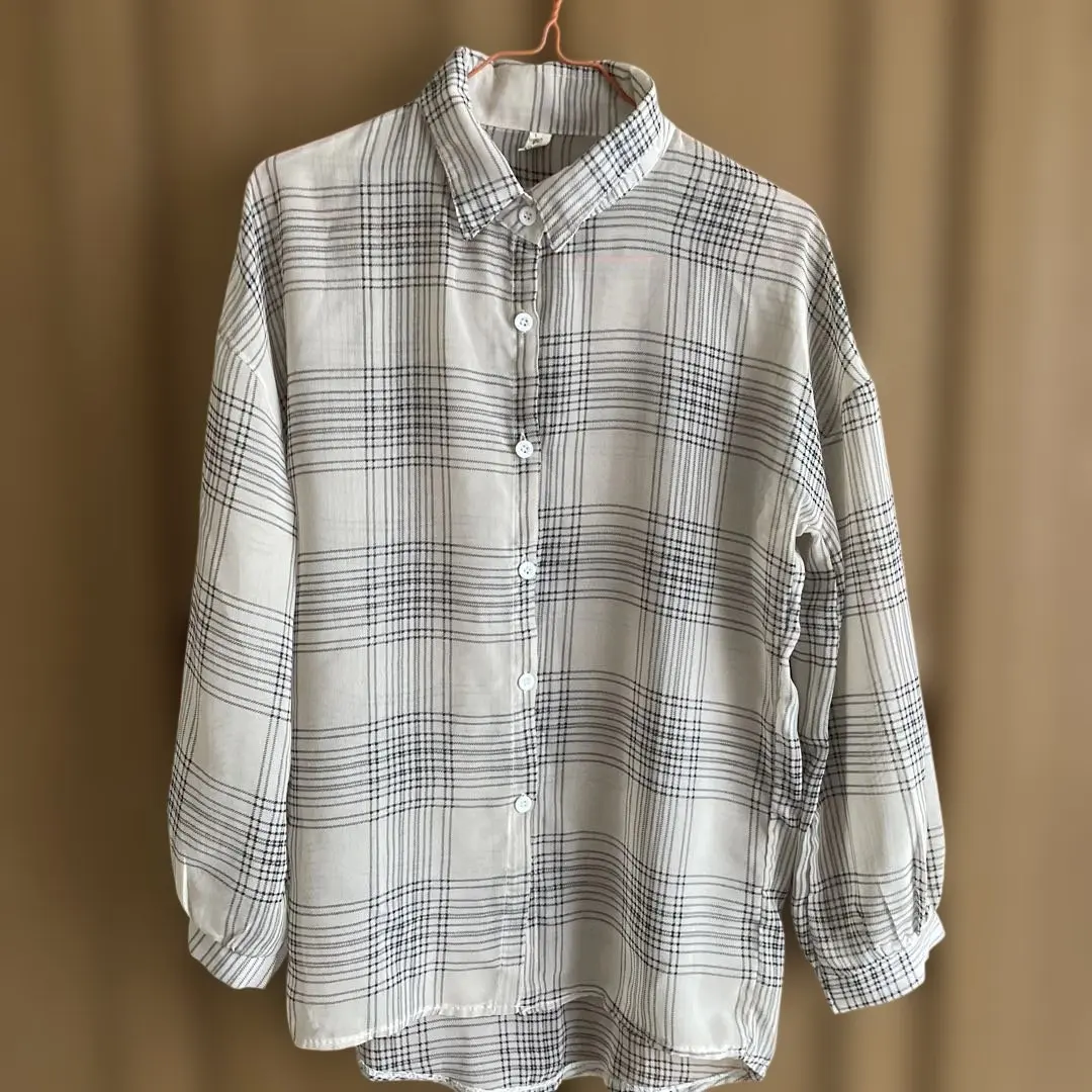 透視格紋長袖襯衫 的縮圖